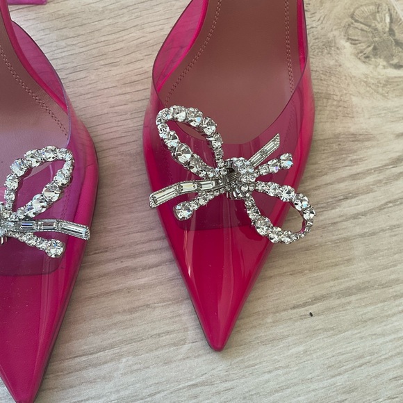 Amina Muaddi Pink Stiletto Heels with Rhinestone Bow - Picture 10 of 11
